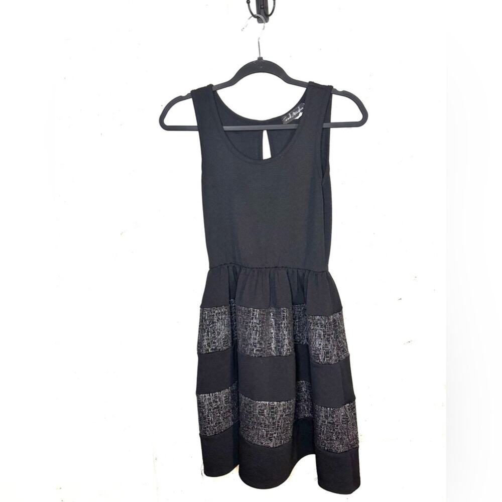 French Atmosphere Black Sleeveless Dress Women's Size M Silver Striped Skirt